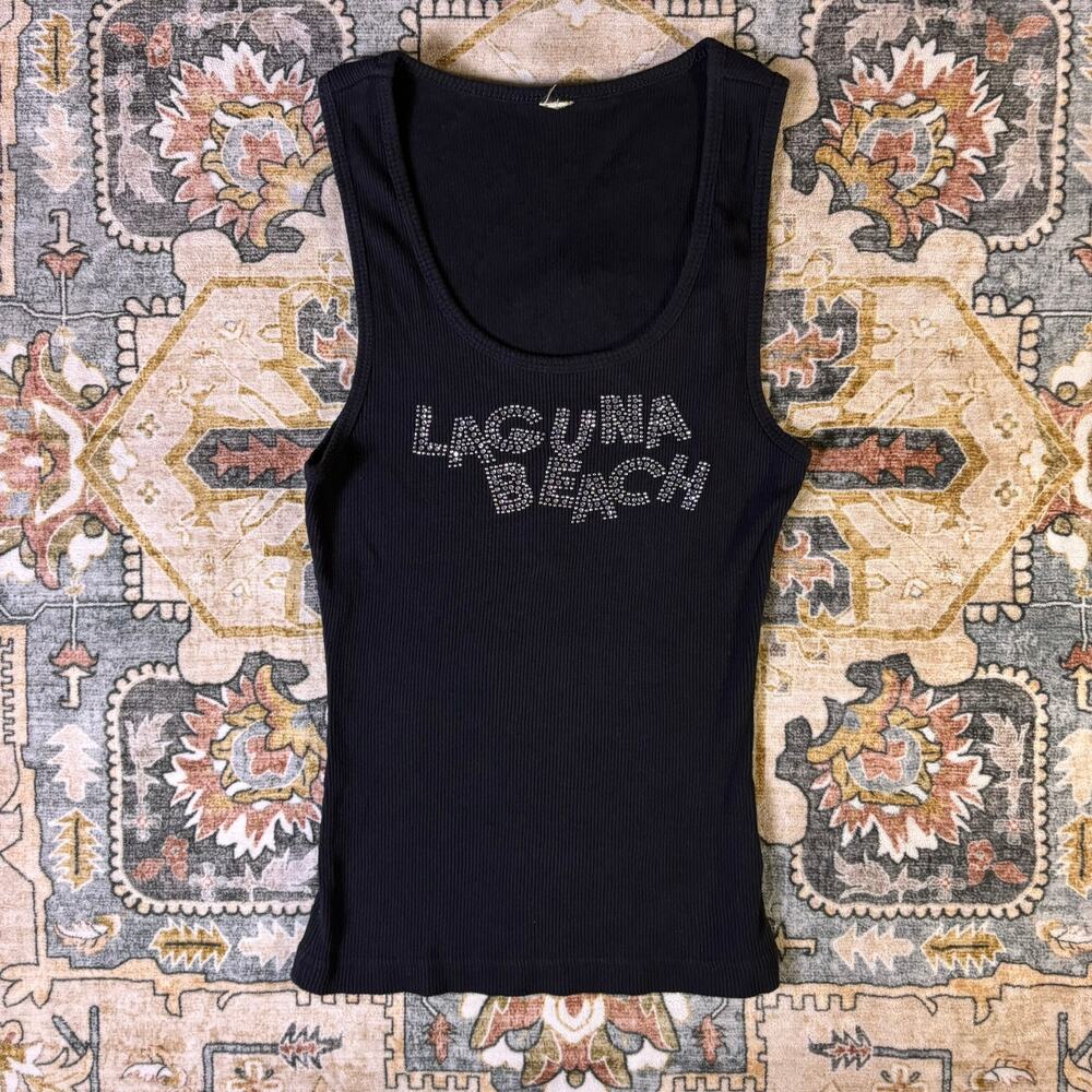 Y2K bedazzled black tank top ribbed comfy Laguna Beach California Girly size S/M